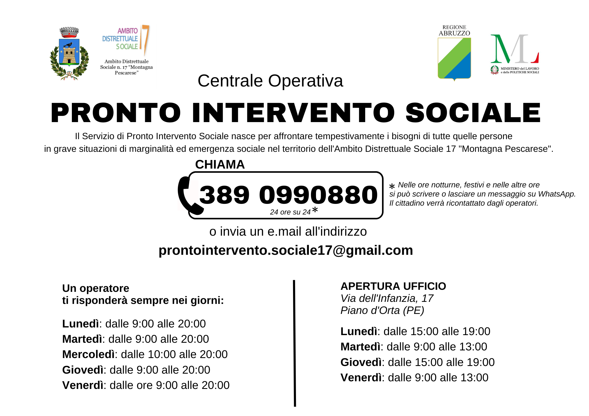 COMUNICAZIONE RIAPERTURA PRONTO INTERVENTO SOCIALE